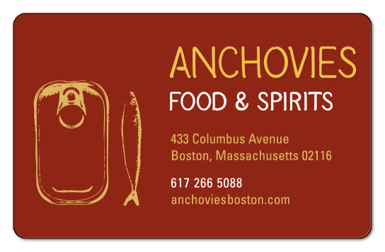 Anchovies Food and Spirits texts with yellow logo on a red background.